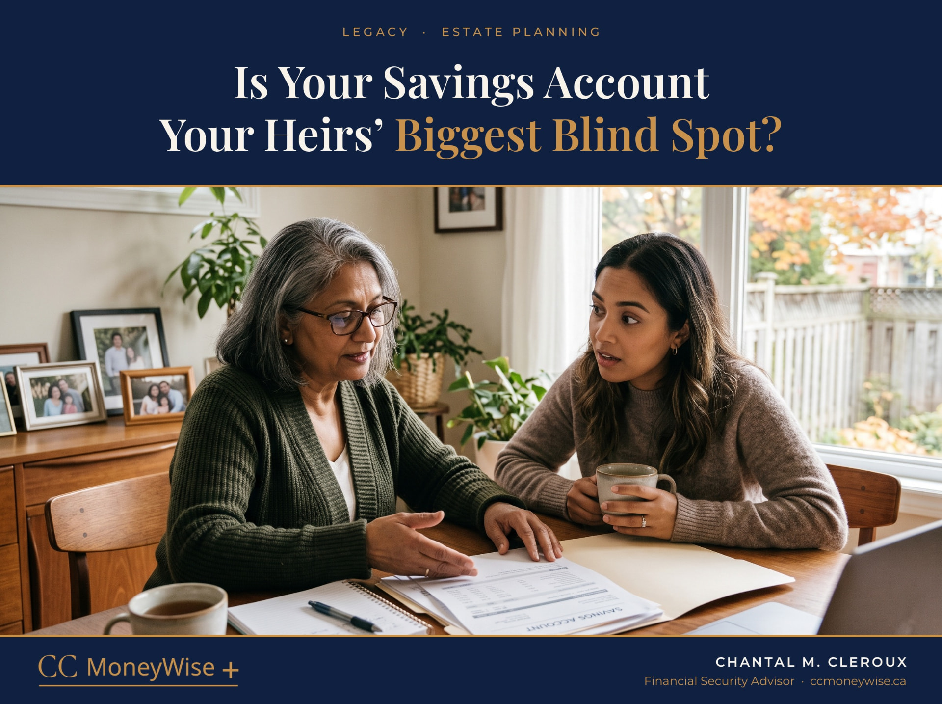 A mother and her adult daughter reviewing a savings account statement at a kitchen table.
