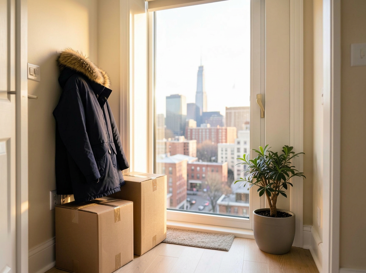 A bright new home with moving boxes, winter coat and a growing plant