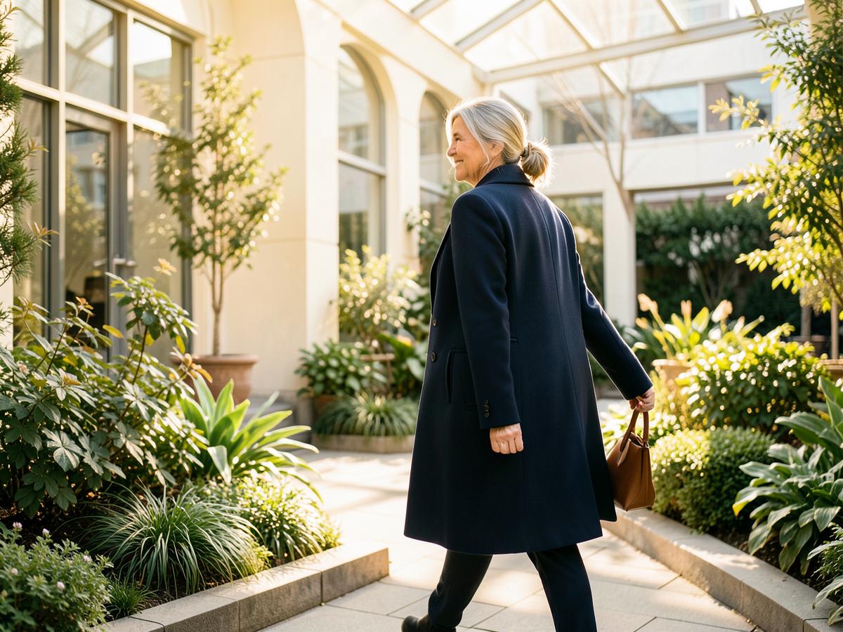 A confident woman over 40 walking toward a bright new chapter