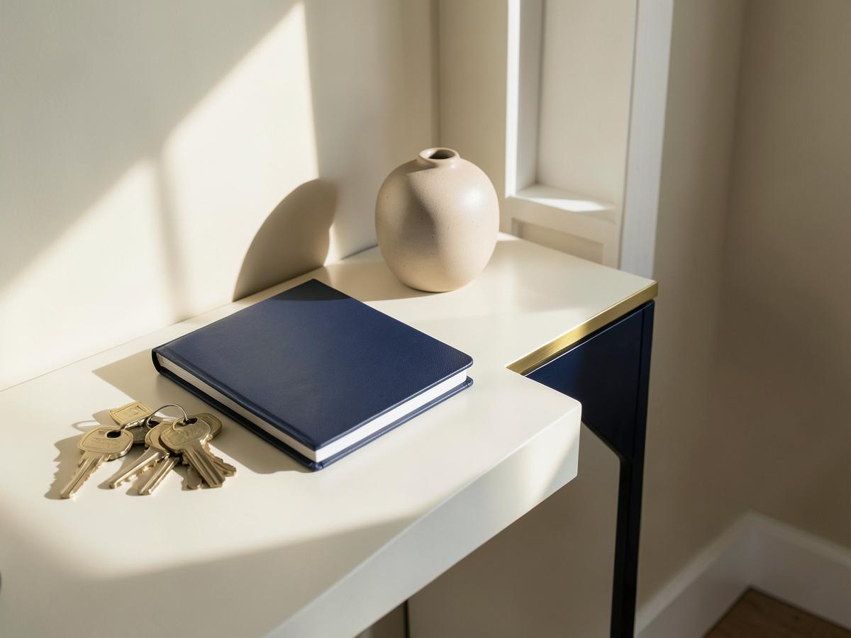 An organized notebook and keys in morning light, symbolizing financial clarity